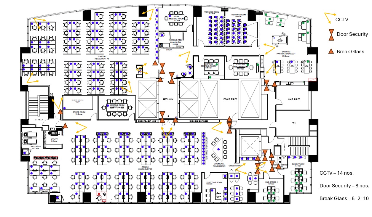 Network cabling services in Singapore — data points placed on the office fit-out seating plan and renovation drawing