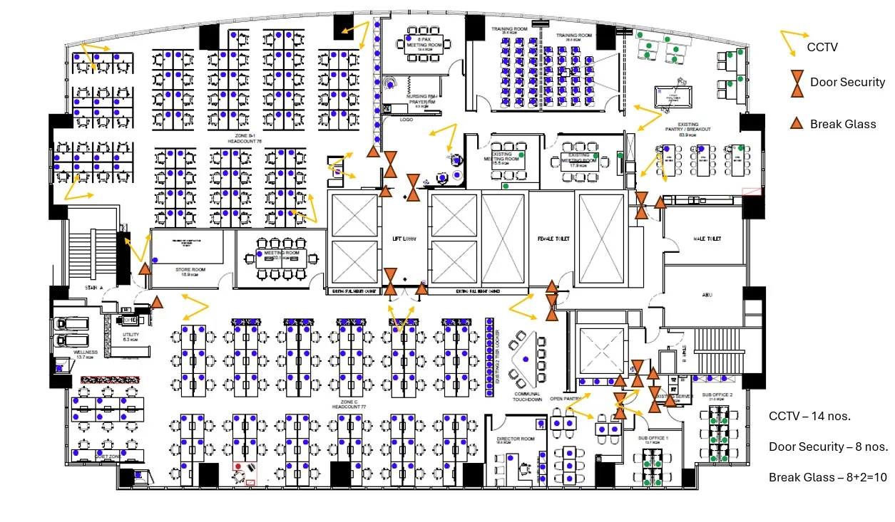 Network cabling services in Singapore — data points placed on the office fit-out seating plan and renovation drawing